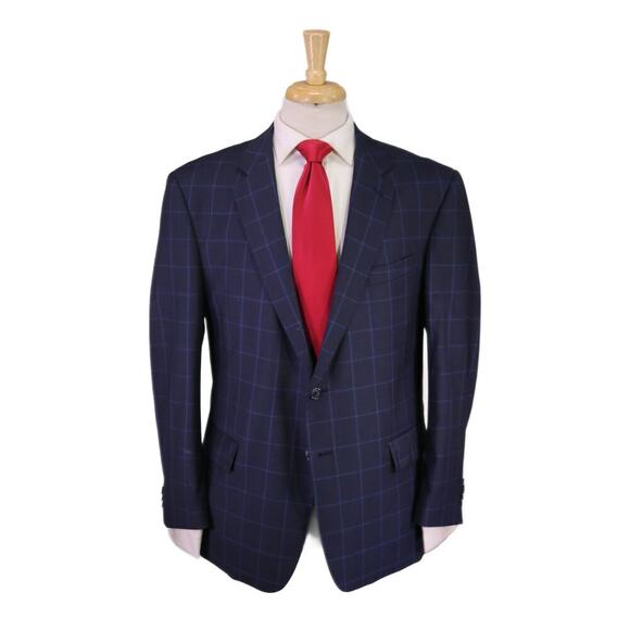 Zeke Executive Navy Blue Windowpane 2-Btn Wool Suit Portly 42S - Picture 1 of 10